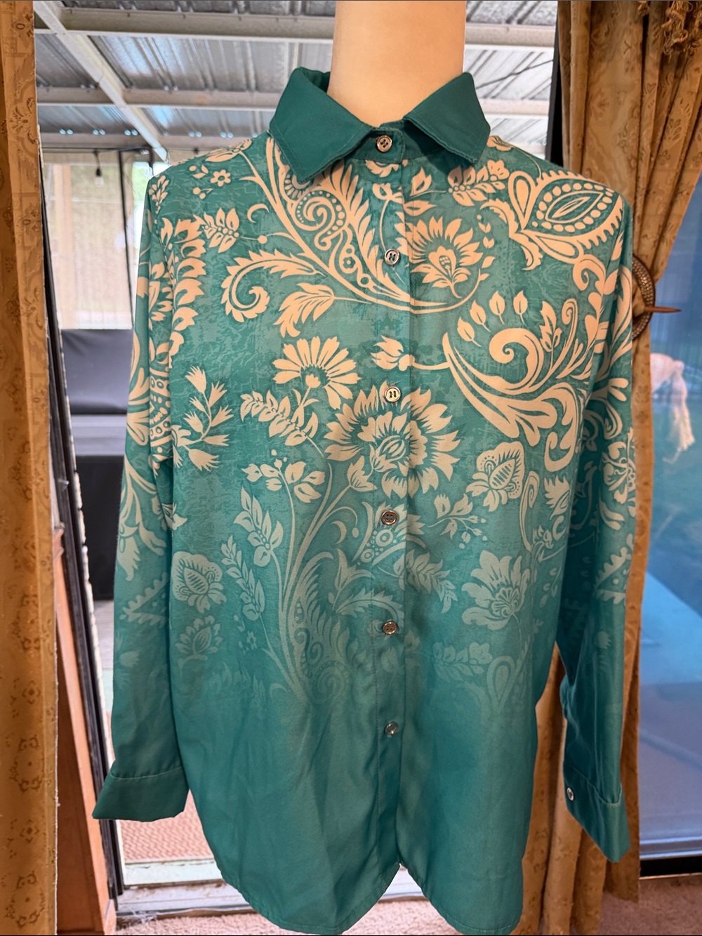 Teal Floral Button-Up Blouse